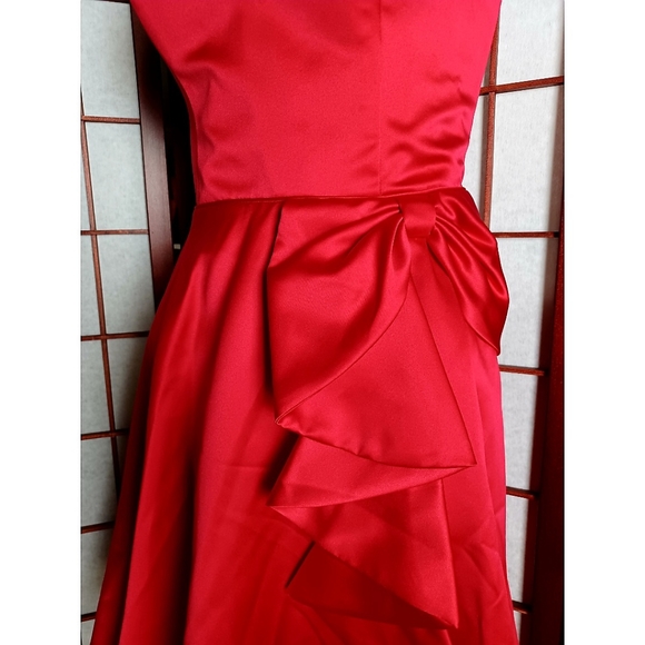 Blondie Nights Bow Ruffle Strapless Satin Fit-and-Flare Dress - Red - Picture 7 of 16